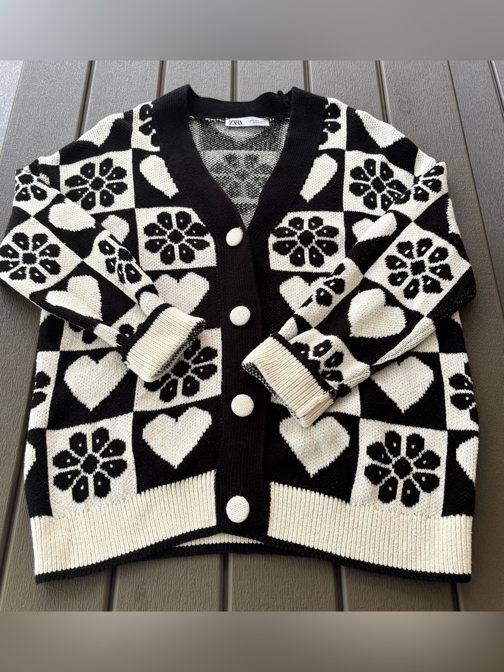 Zara Checkered Black & Cream Heart and Floral Knit Cardigan Sz S